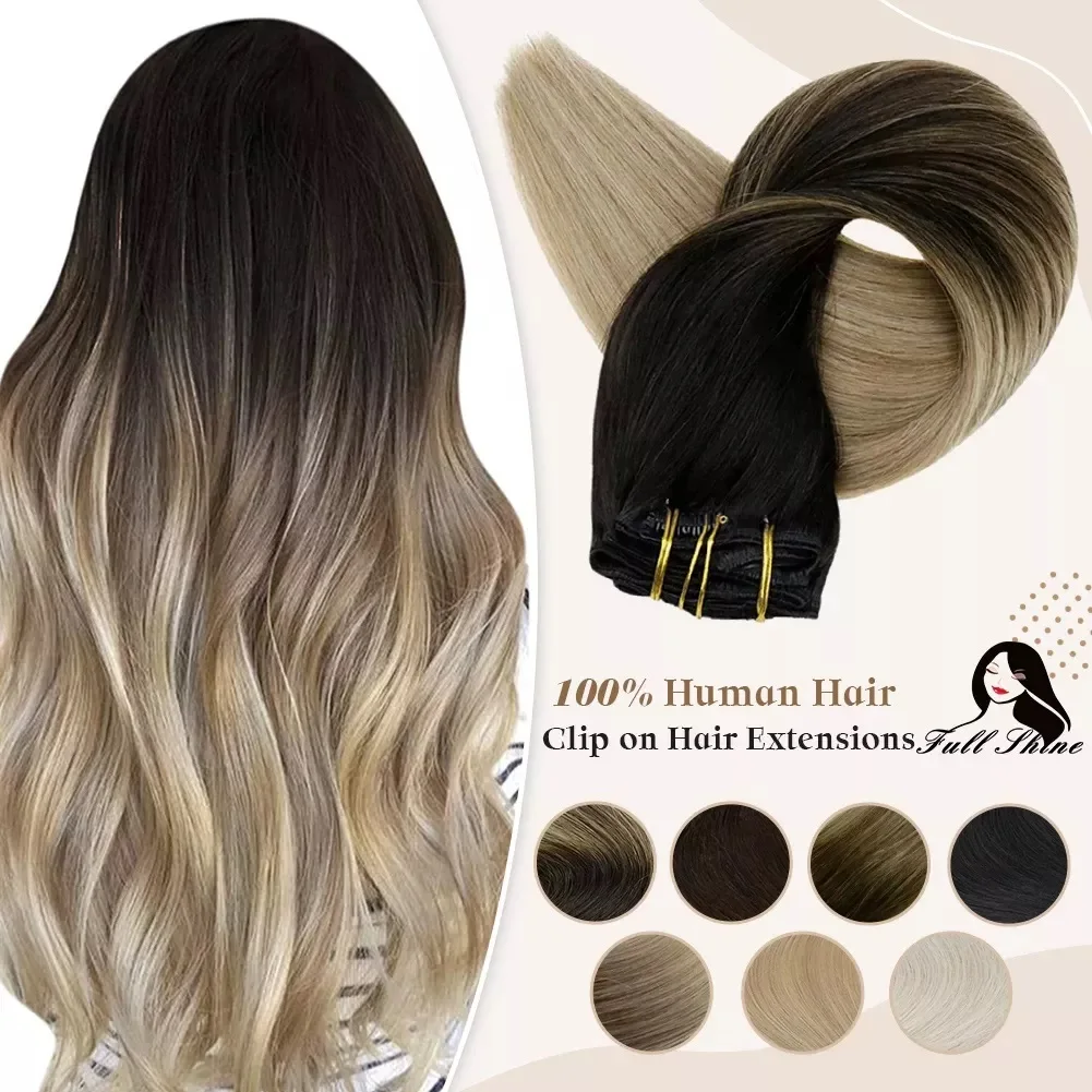 Full Shine Clip in Hair Extensions Human Hair Balayage Ombre Blonde Black 7pcs 120g Double Weft 100% Remy For Woman