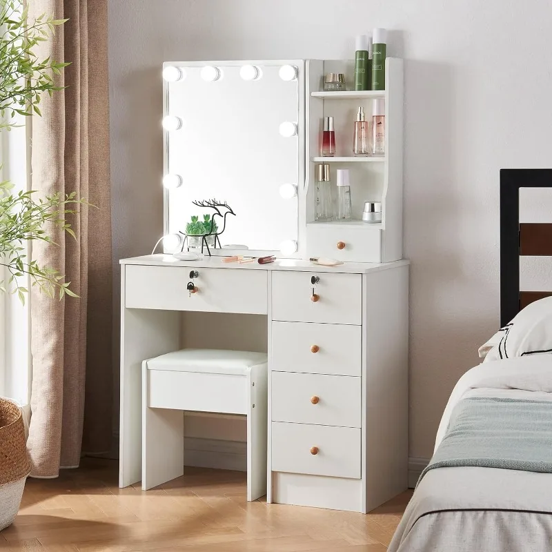 

Modern Vanity Desk with Mirror and Lights, Makeup Vanity with 10 LED Lights, Vanity Table with Lighted Mirror and Chair