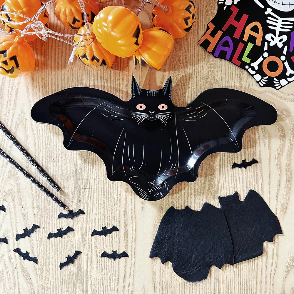 16 bat paper plates, Halloween black bat black cat disposable paper plates, Halloween birthday party supplies