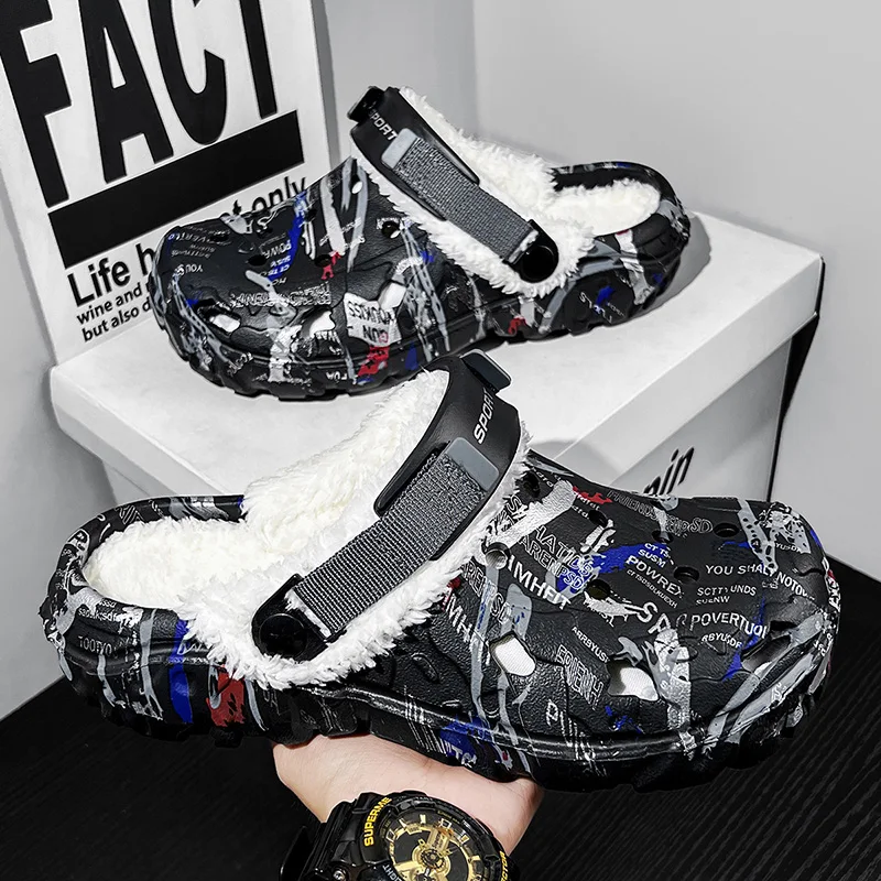 Plus Size47 Men's Warm Clogs Furry Slippers Winter Cotton Slippers Men Short Plush Slides Garden Shoes for Men Home Furry Shoes