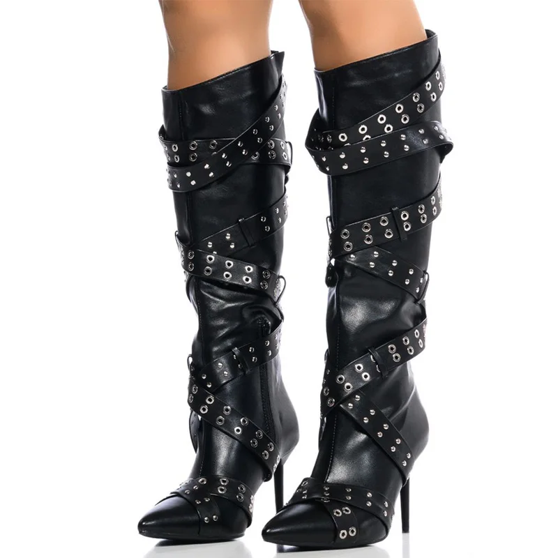 

Trending Gold Side Zipper Women's Knee High Boots Pointed Toe Metal Studded Cross Straps Long Booties Stiletto Heel Shoes