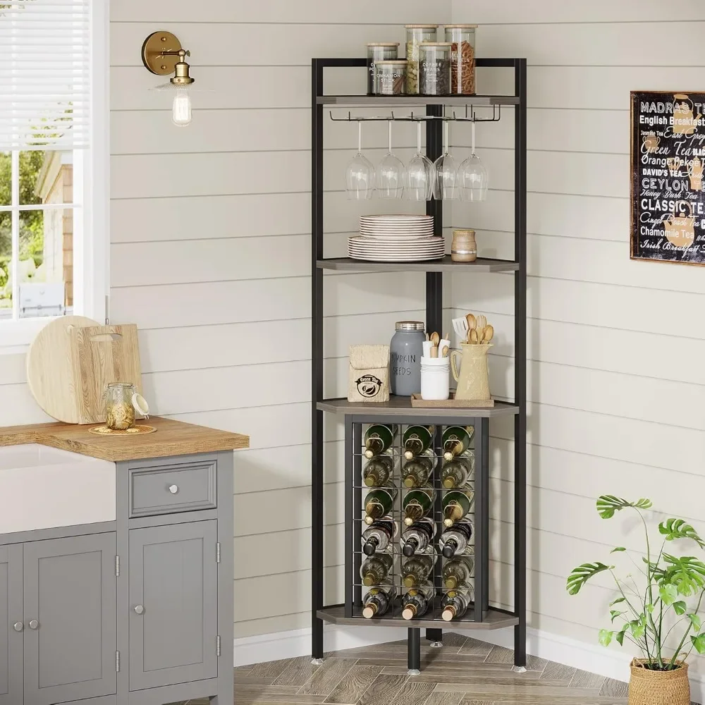 Corner Wine Rack with Glass Holder and Storage Shelves, 4 Tier Bar Wine Cabinet, Industrial Corner Cabinets - Image 6