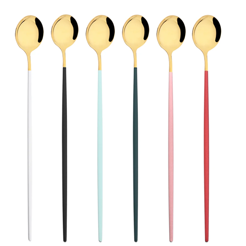 1Pcs Stainless Steel Long with Handle Ice Spoon Gold Dinnerware Milk Mixing Stirring Spoon Teaspoon Coffee Tableware Tool stainless steel spoon tea spoon