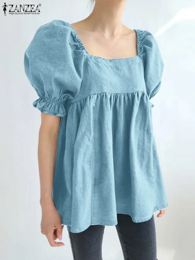 

ZANZEA 2023 Summer Sweet Blusa Fashion Short Puff Sleeve Blouses Women Elegant Square Neck Smock Tops Denim Casual Pleats Tunics