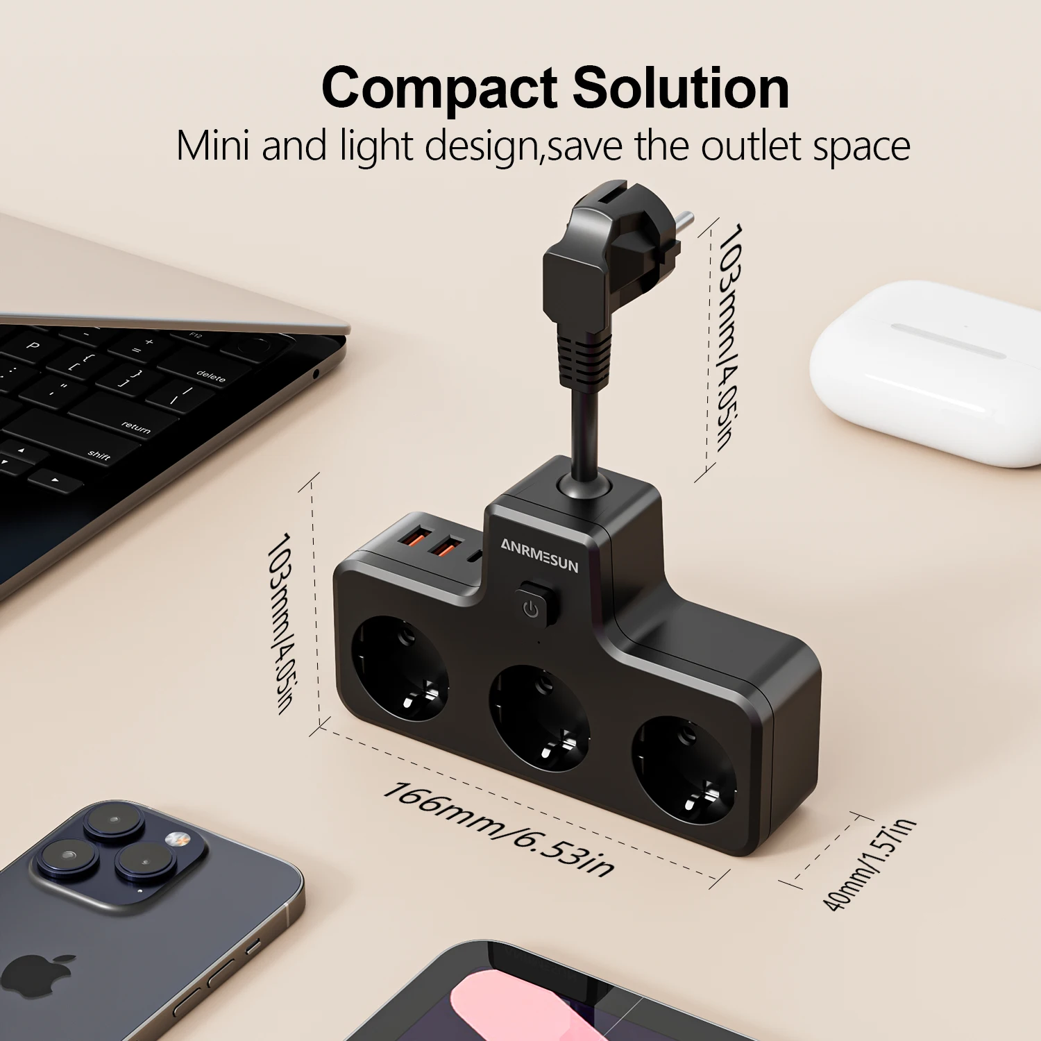 Universal Power Strip with 3 AC Outlets & Multi-Port USB-C Charging – Ideal