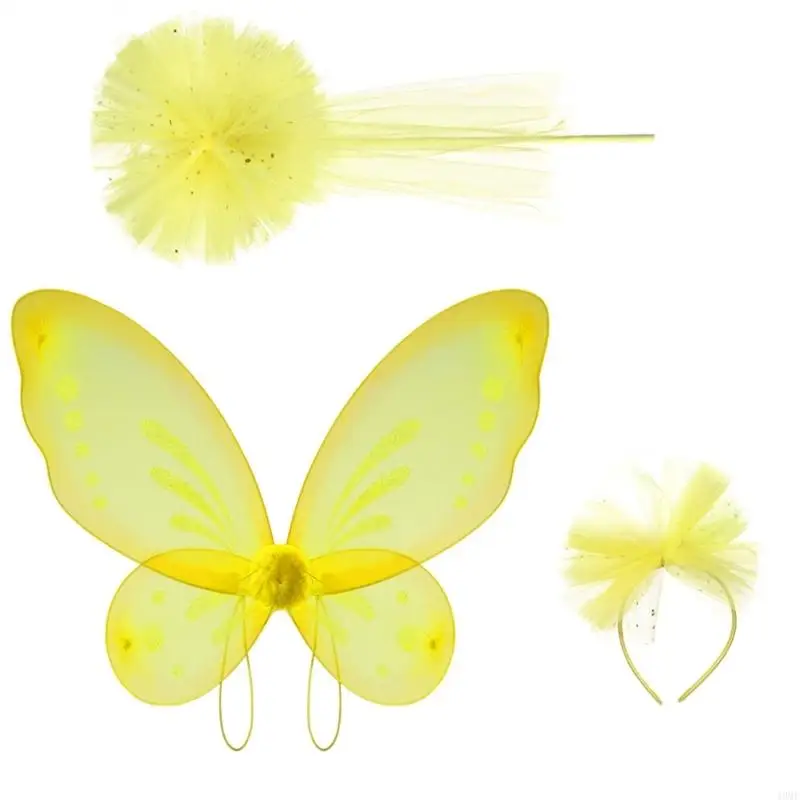 49MF Child Halloween Fairies Wing with Headband and Wand for Kid Birthday Christmas