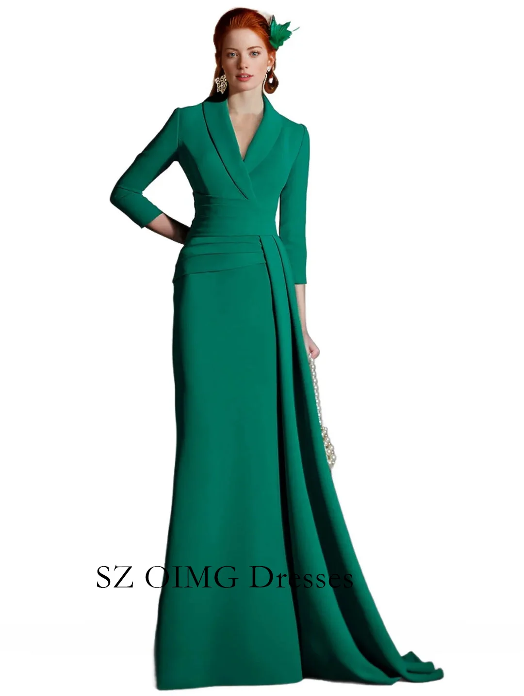 

OIMG V-Neck Fashion Evening Dress Mermaid Prom Gowns Long Sleeves Green Crepe Satin Vintage Wedding Party Gowns For Women 2024