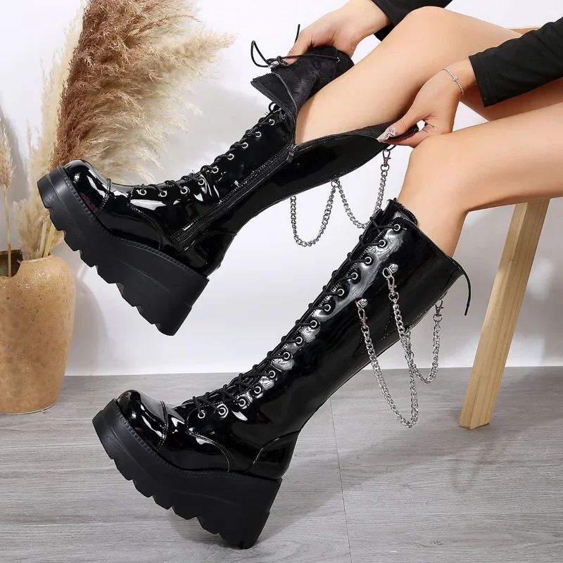 

High Heels Women Chelsea Boots 2023 Winter New Fashion Platform Gladiator Chain High Boots Design Shoes for Women Zapatos Mujer