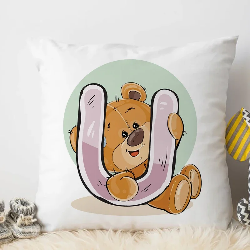 Cushion Cover Cute Cartoon Animal Water Color Q-Z English Letter Print for Children Room Soft 45x45cm