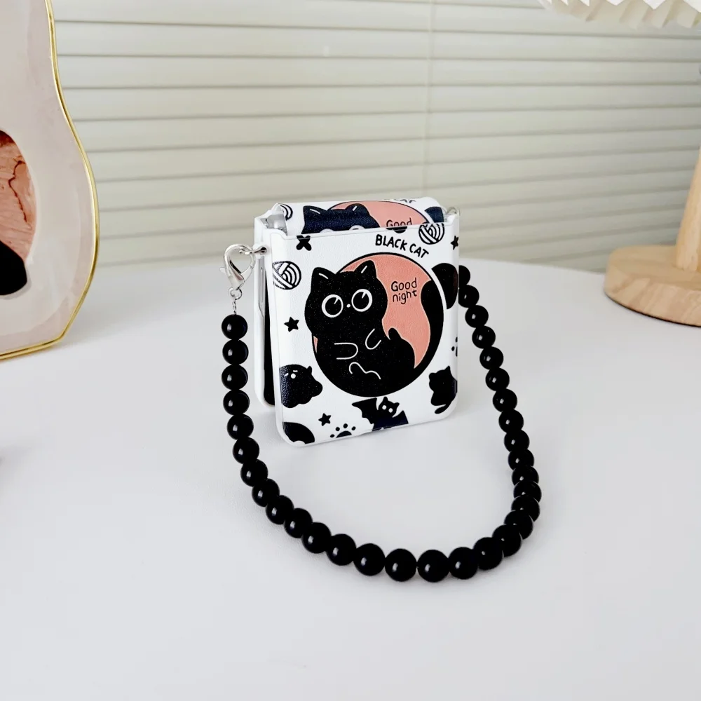 Charming Cartoon Black Cat Folding Phone Case with Wrist Strap and Lanyard Bracelet
