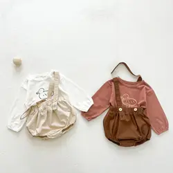 T shirt à manches longues pour bébé fille et garçon, ensemble salopette solide pour enfants, pantalon à bretelles + t shirt 2 pièces, 6M 3T, imprimé canard mignon 