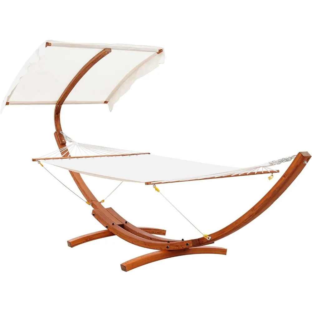 13FT Wooden Arc Hammock with Canopy, Outdoor Hammock Bed with Wood Arc Stand for Patio Balcony Garden Backyard, White 2