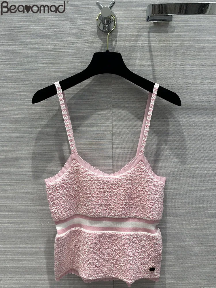 

Fashion Designer Summer Pink Striped Knitting Camisole Women's Sexy Strapless Spaghetti Strap Button Slim Tops