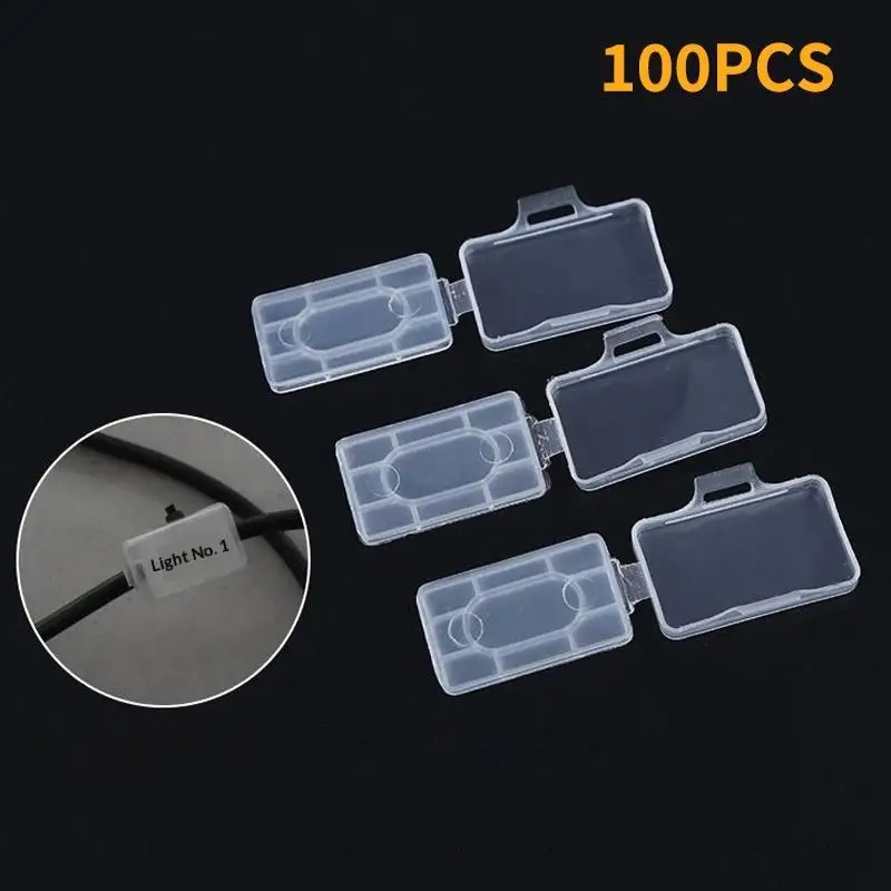 100pcs 케이블 라벨 태그 상자 투명 플라스틱 케이블 타이 마커 와이어 사인 이름 홀더 디스플레이 식별 씰 케이스