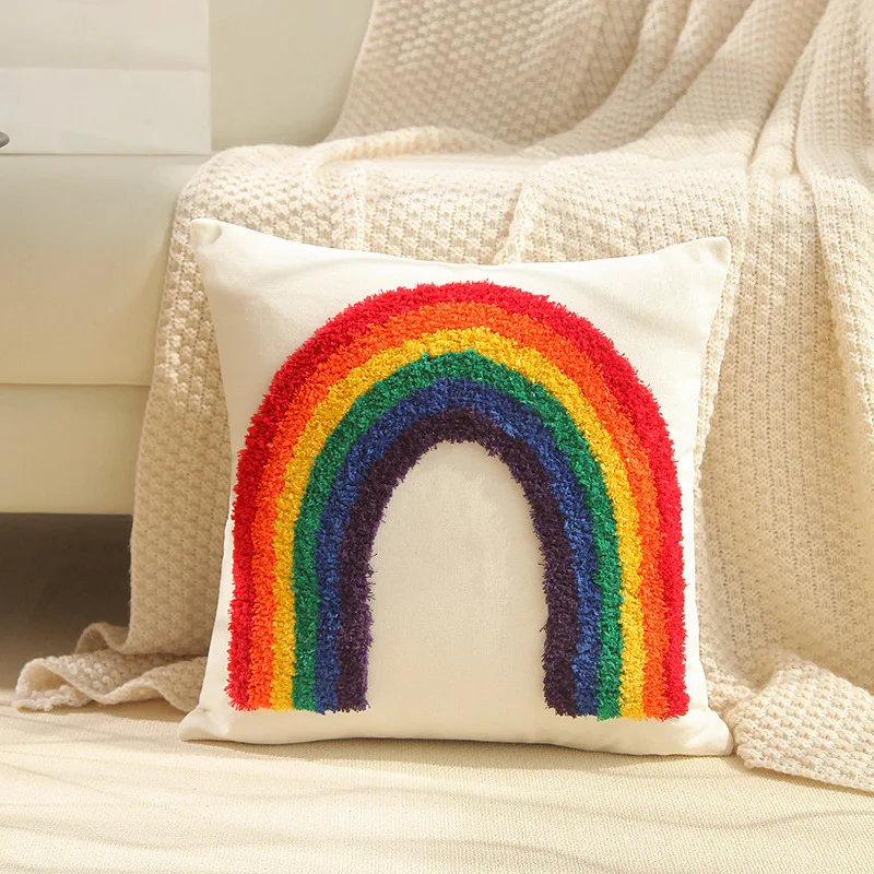 

Nordic Simple Rainbow Tufted Cushion Cover 45*45 Cotton Canvas Embroidered Decorative Pillow Cover Cute Pillowcase for Sofa