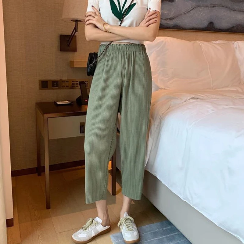 corduroy pants Rimocy Elastic Wide Leg Summer Pants Women 2022 High Waist Pleated Casual Pants Woman Comfy Solid Color Loose Sweatpants Female adidas track pants Pants & Capris