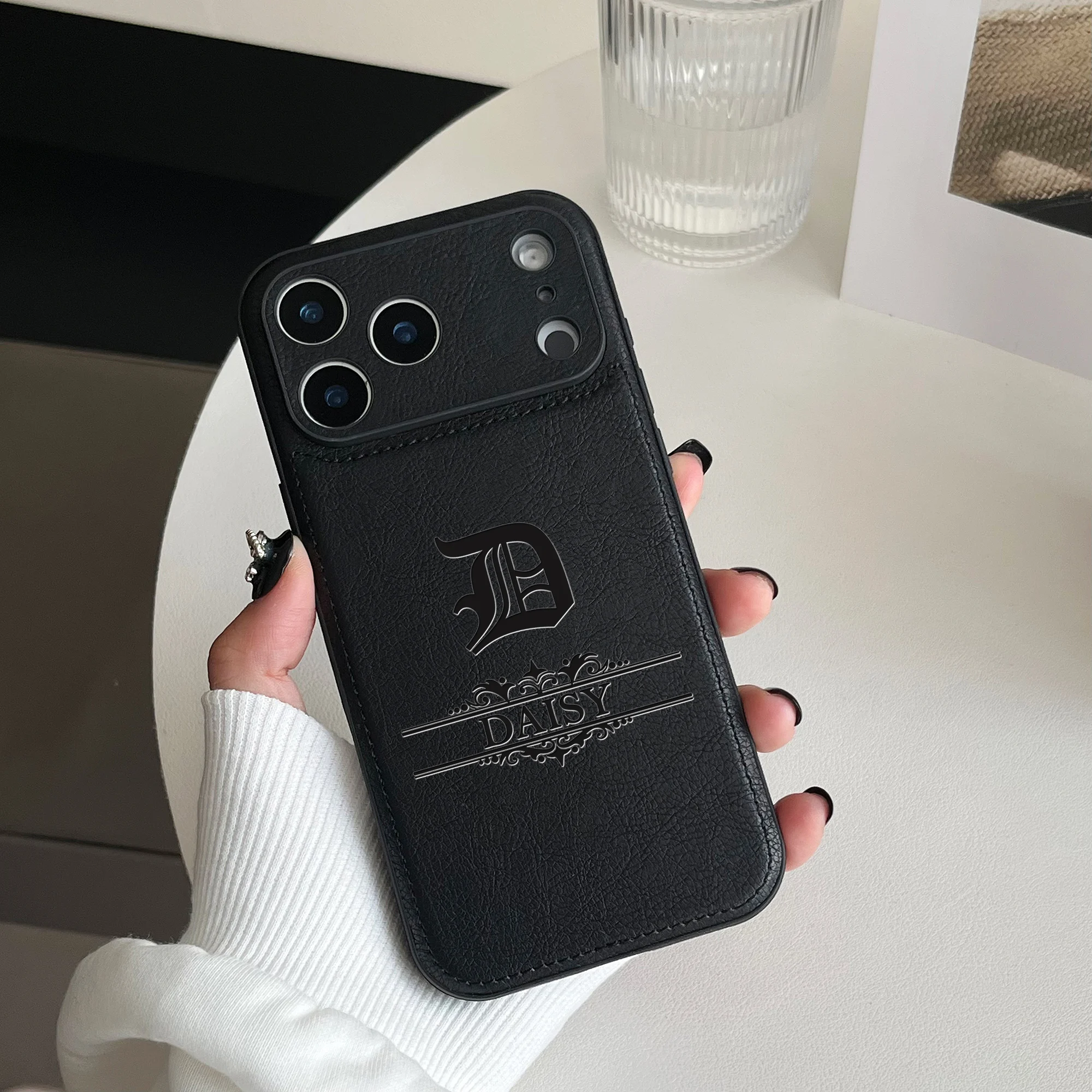 Custom Letter Name Gothic Pattern Faux Leather Laser Engraving Phone thumbnail 4