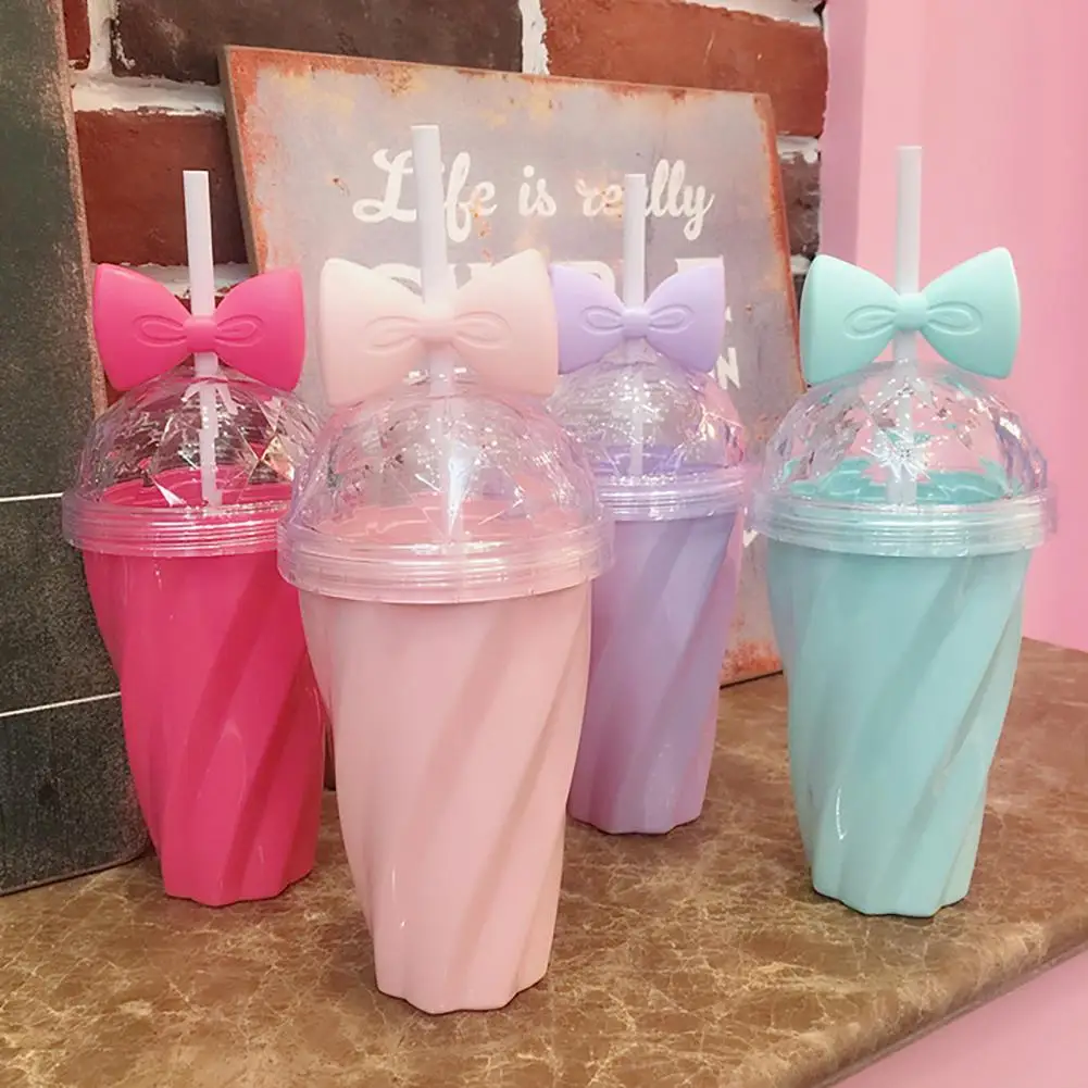 380ml Straw Water Bottle for Grils Water Cup Bowknot Decor Plastic Straw Cup Drinking Bottle botella de agua бутылка для воды