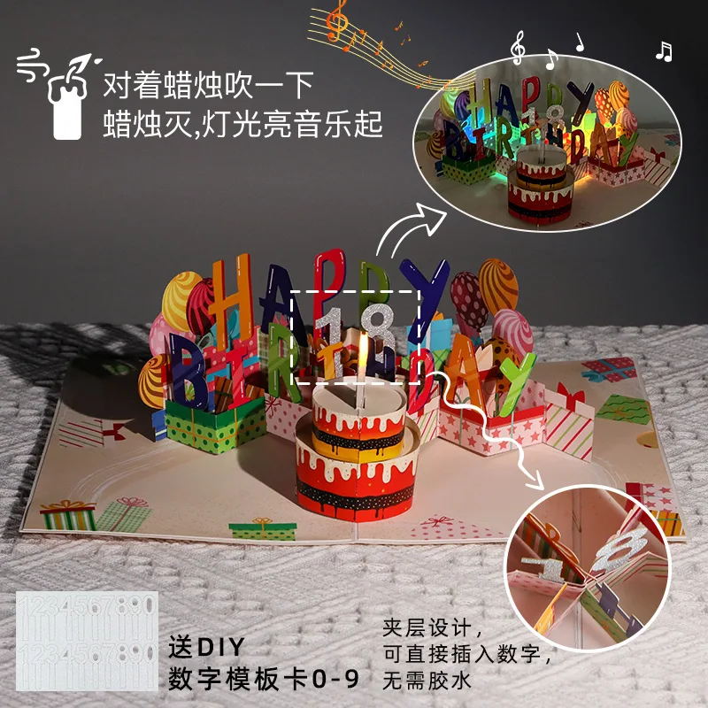 New Creative Greeting Card Chocolate Birthday Cake Blowing Candles Music Lights Ins Style 3D Cake Pop Up Birthday Gift Cards