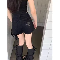 Plus Size High Waist Embroidered Denim Shorts Women's plus Size American Style Slimming A- Line Hot Pants Back Pocket Cross S...