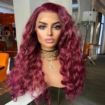 Burgundy Long Deep Wave Wig 13x4 Lace Front Synthetic Hair Wigs for Women Wine Red Natural Hairline Daily Use Heat Resistant Wig