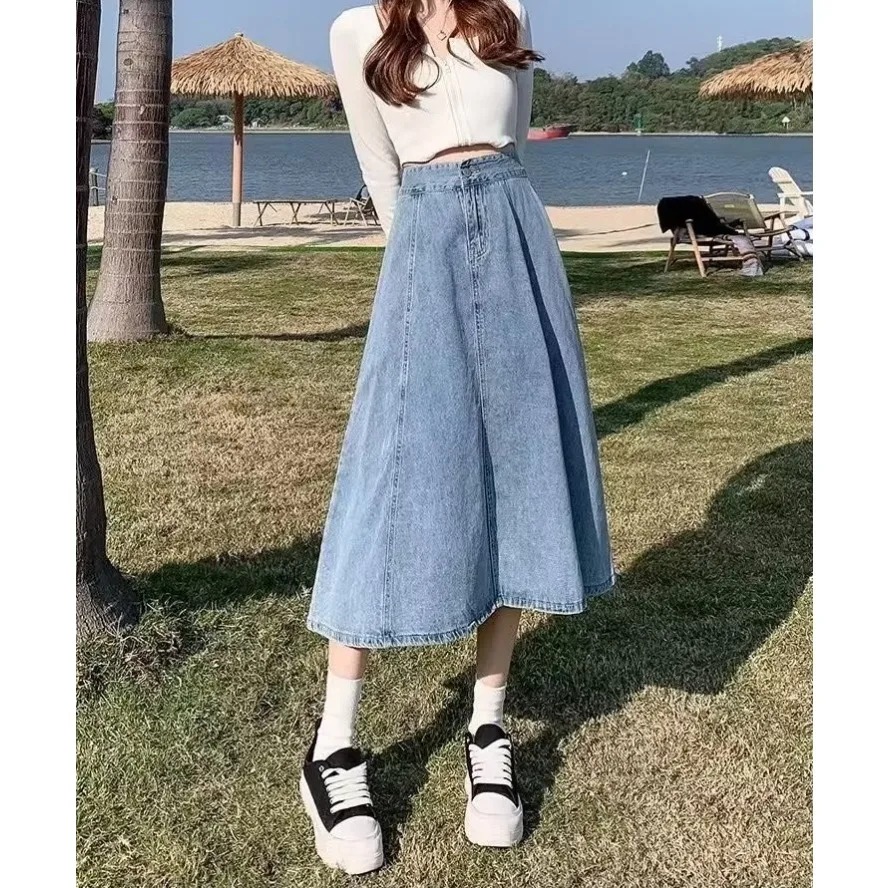Women's Korean Fashion Denim Midi Skirt High Waist A-Line Elastic Waist Vintage Washed Denim Fabric Casual Long Denim Skirt 4