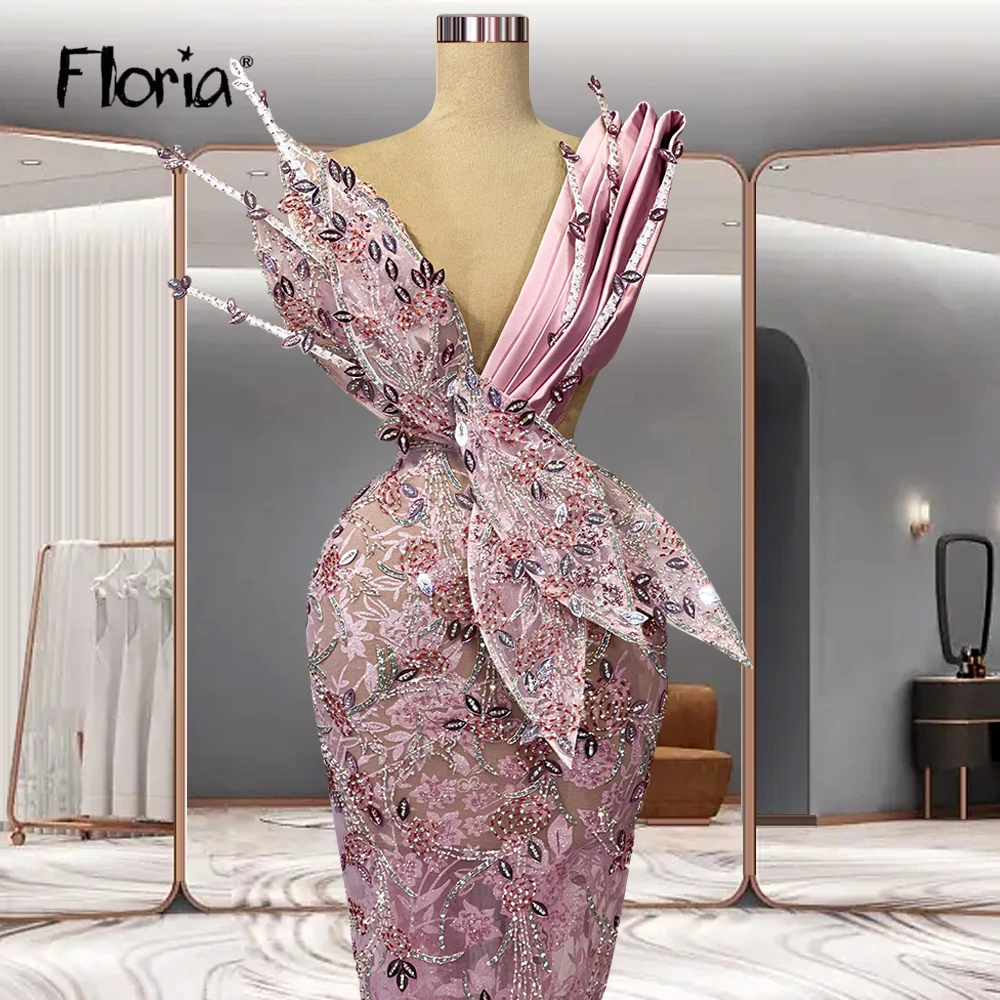 

Floria Pink Evening Dresses Long Luxury 2022 Celebrity Beaded Crystals Party Dress Aso Ebi Handmade Beads Formal Prom Gowns