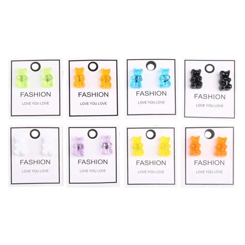 

8 пар милых ярких цветов, акриловые серьги-гвоздики с изображением мармеладного медвежонка, полимерные серьги с мультяшным