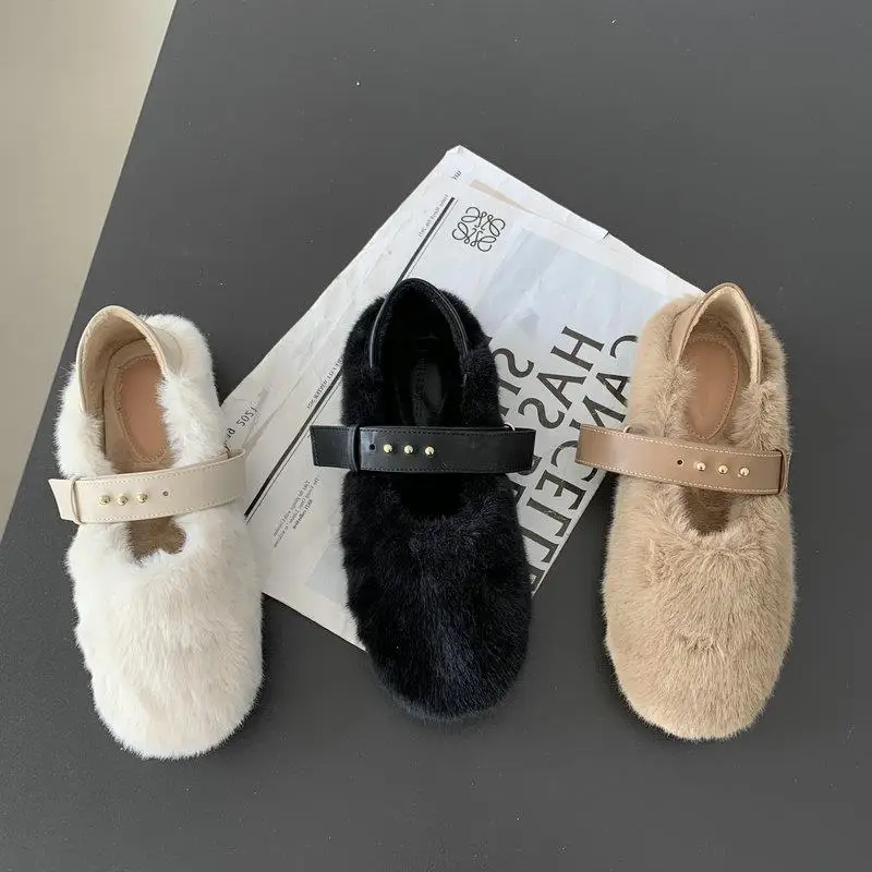 

Туфли женские с круглым носком, мягкие лоферы, мех, без застежки, повседневные кроссовки, без застежки, Осень-зима