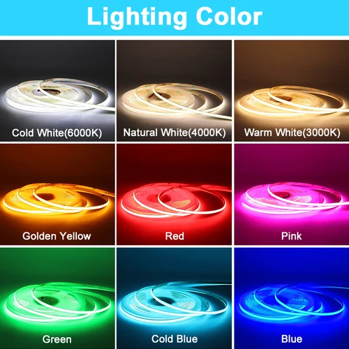 12V/24V COB LED 스트립, 레드/옐로우/그린/핑크/블루/쿨 블루/웜/내츄럴/쿨 화이트 고밀도 유연한 조광 가능 RA90 LED 스트립 6