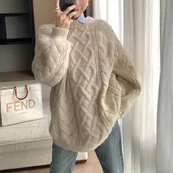 New Autumn and Winter O-Neck Cashmere Sweater Women Loose Fried Dough Twist Thick D142