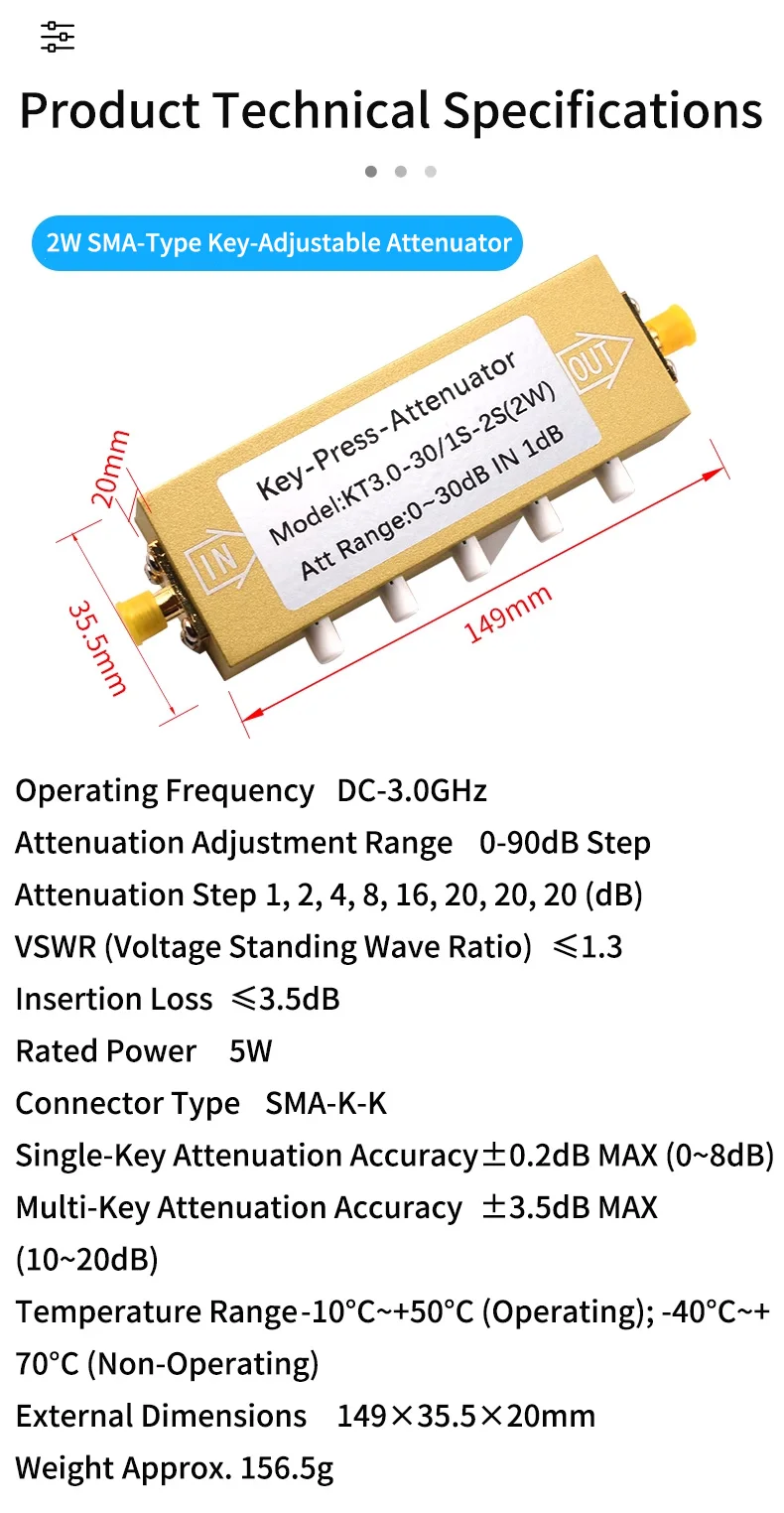 2 W/5 W koaxiales, festes HF-Signal, einstellbarer Hochleistungs-Dämpfungsglied, SMA-Typ, 10/30–90 dB, 0–6 GHz – Detail 2