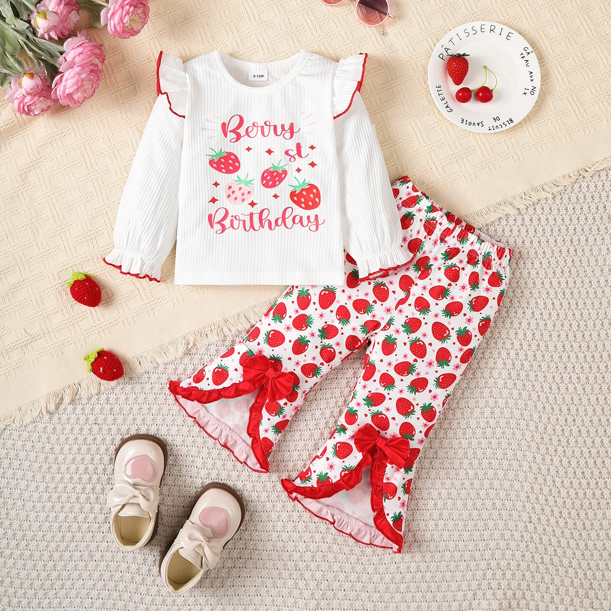 Toddlers' Girls' Set Strawberry Printed Long Sleeve Pants Two Piece Set 0-3 Year Old Girls' Autumn Fashion Set Children clothing
