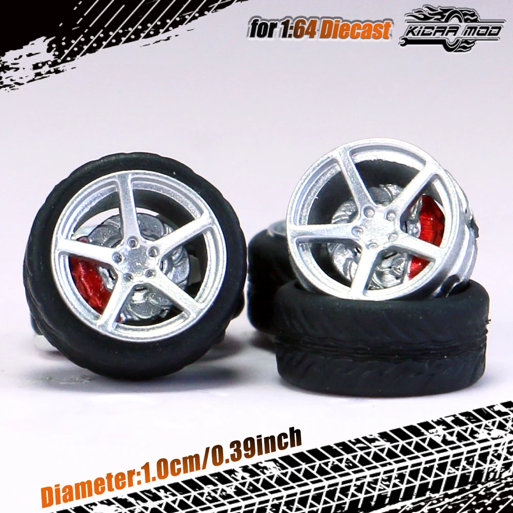Kicarmod 1/64 Model Car ABS Wheels with Rubber Tire Brake Disc Refitting Parts Diameter 10mm For Model Car Tomica MINI GT