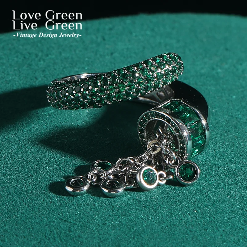 Vintage Zirconia Jewelry Green Rings Crystal Tassel Adjustable Open Silver Color Designer For Woman Brand Accessories Luxury