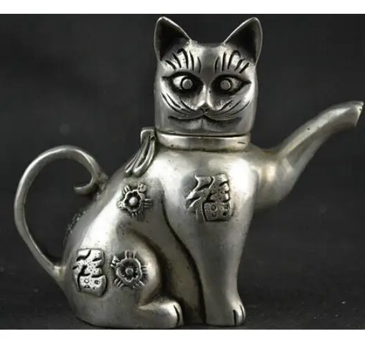 

decoration copper silver factory outlets Chinese Collectible Decorate Handwork Old Tibet silver carving cat Lucky tea pot