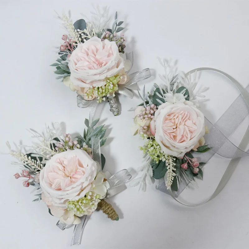 Da sposa Boutonnieres Corsage Polso Braccialetto Damigella D'onore Fiori di Seta Bianca Rose Sposo Spilla Spilli Matrimonio Bracciale Da Polso Corpetti  320