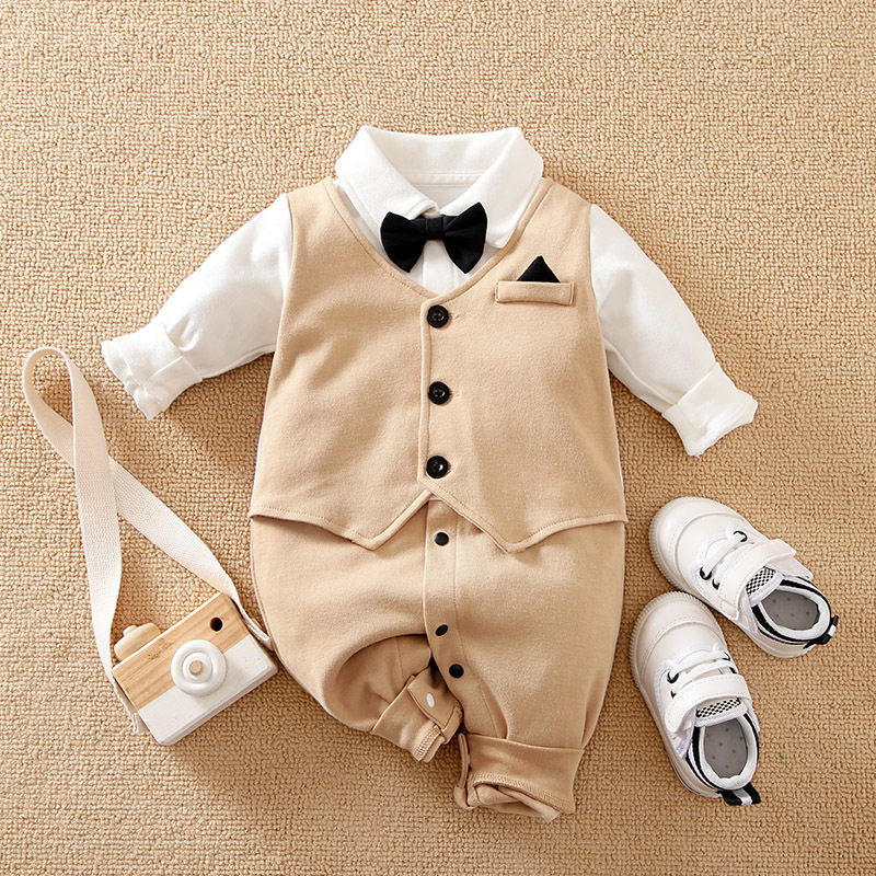 0-18Months Boys  100% Cotton baby clothes Baby Long-Sleeve Romper Spring and Autumn Khaki English style cute gentleman style