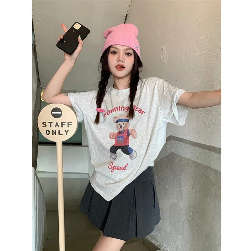

2022 New Arrival Summer Women Casual Loose Short Sleeve O-neck Long Clothing Good Quality Cartoon Print Cotton T Shirt V405