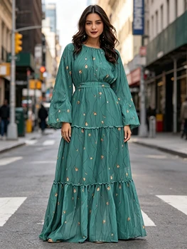 Elegant Middle Eastern Green Forest Retro Long Sleeve round Neck Print Loose Dress Flowing Long Skirt for Women