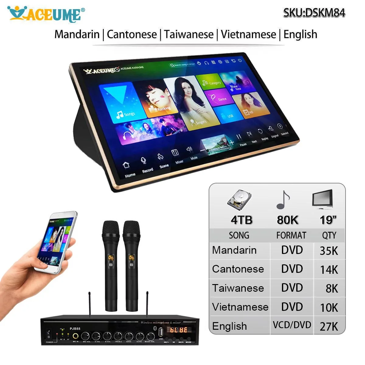 DSKM84-5TB HDD 89K Chinese English Vienamese Cantonese TaiwaneseSongs 19" Desktop Touch Screen Karaoke Player Free MIC Include