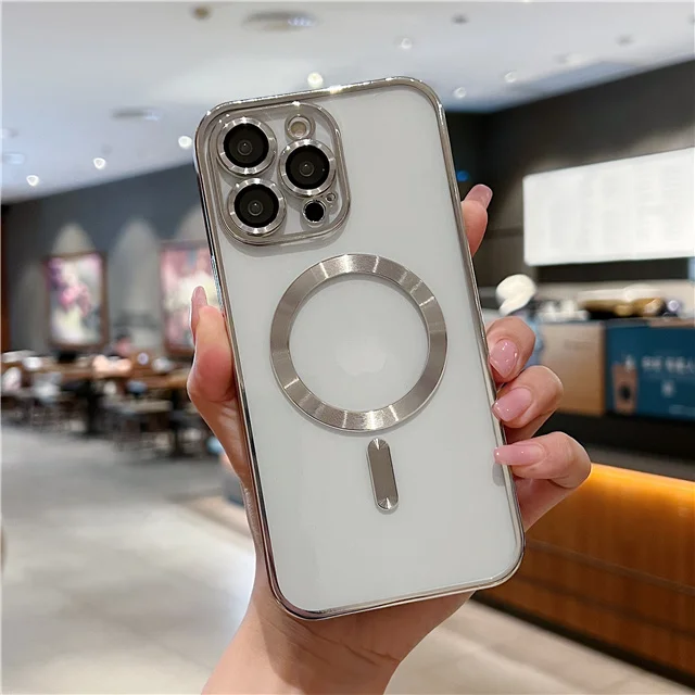 thumbnail image 1 of For Magsafe iPhone 14 Pro Case Luxury Plating Clear Magnetic Silicone Case For iPhone 13 12 11 Pro Max Soft Shockproof Cover, 1 of 5