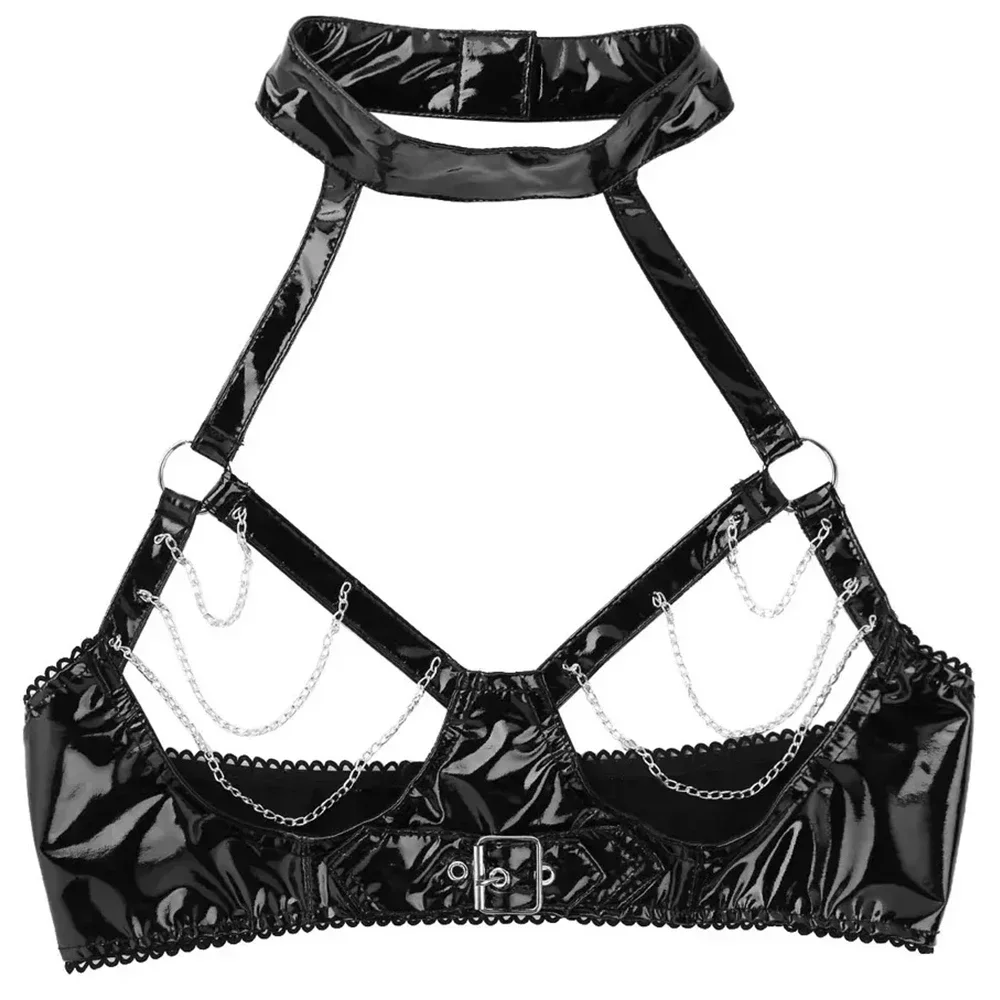 Women's Sexy Wet Look Bralette Tops Erotic Breast Exposed Hollow Out Halter PVC Leather Open Cup Latex Bras with Chain Lingerie