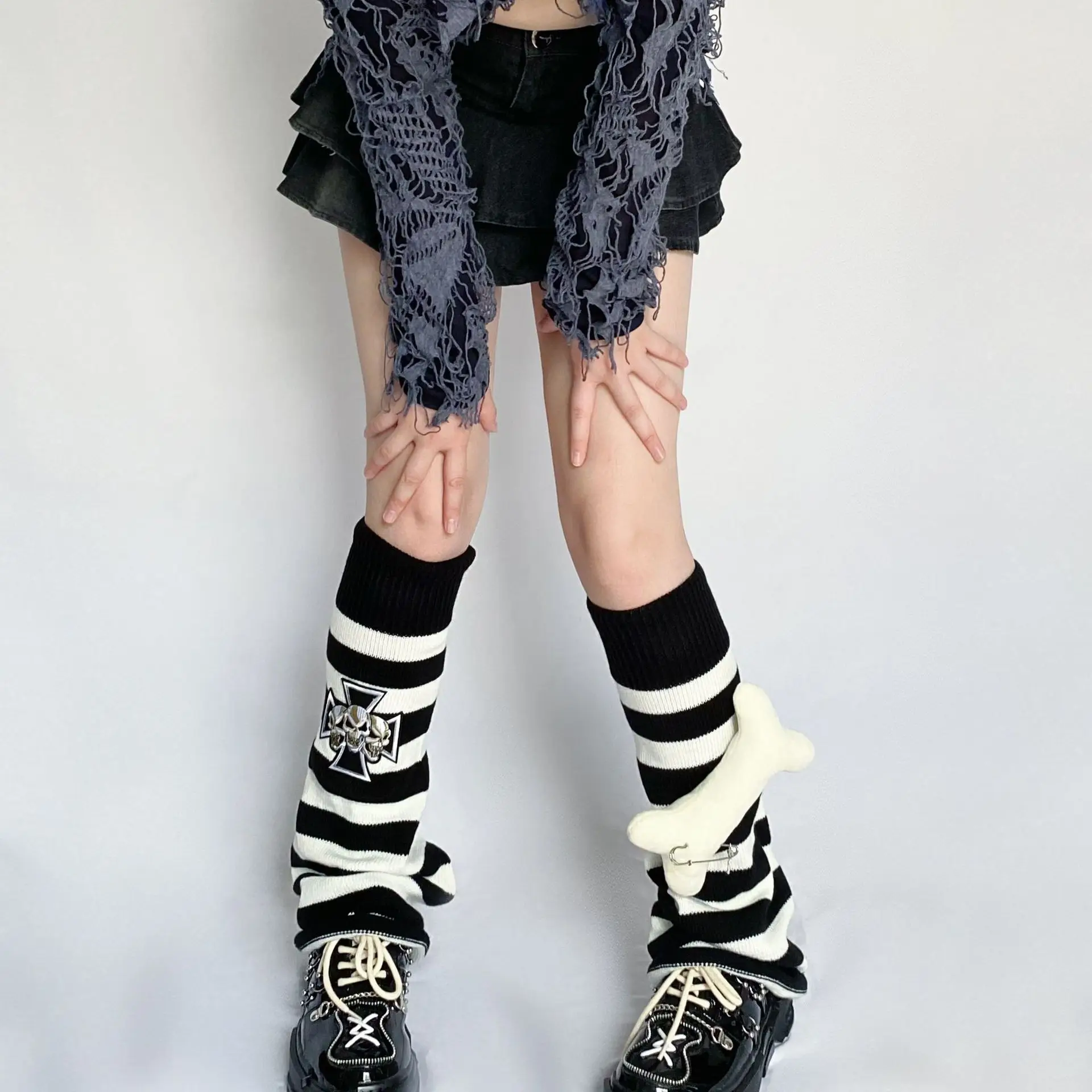 

Knitted Punk Leg Warmers Striped Harajuku Y2K Dog Bone Gothic Cross Dark Hot Girl Women Wide Leg Socks Long Socks JK Accessories