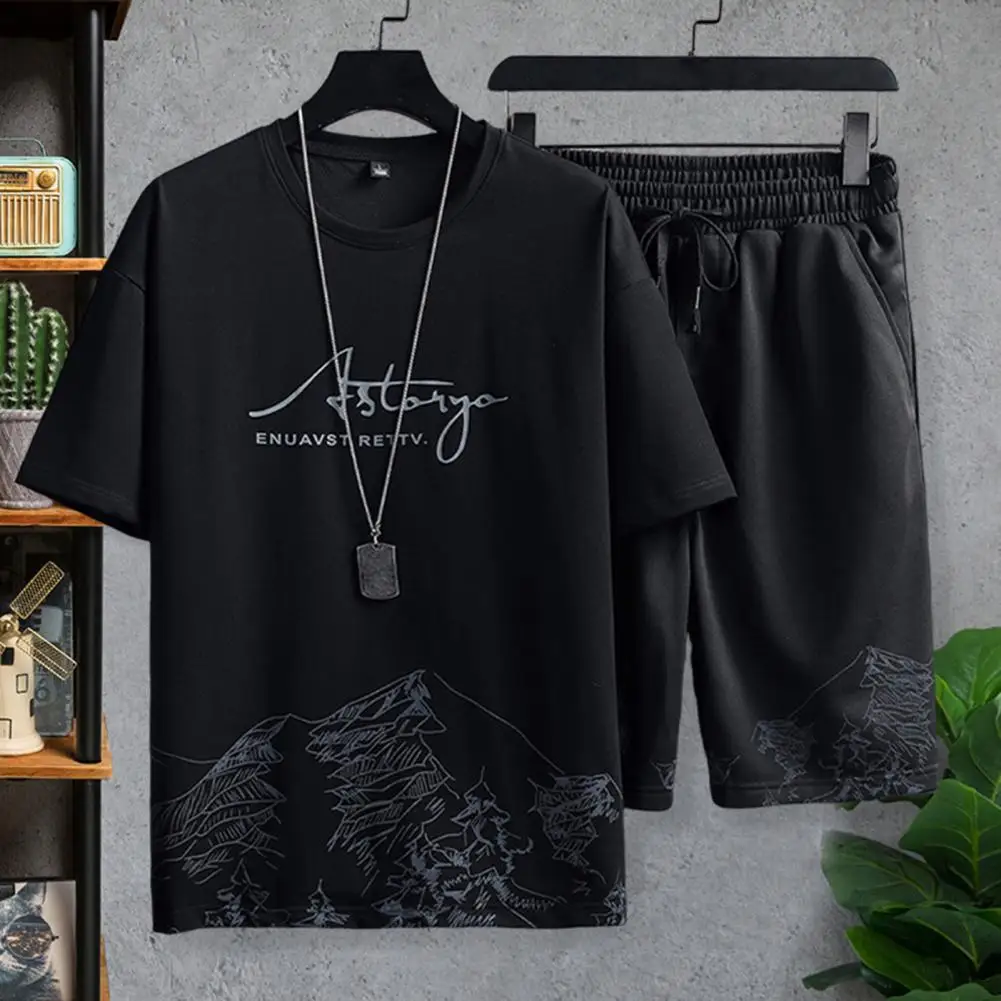 2Pcs/Set Fashion Skin-touching Pockets Male Casual T-shirt Shorts Activewear Daily Garment Summer Tracksuit Casual Outfit 2pcs set o neck short sleeve elastic waistband drawstring pockets outfit mountain print loose t shirt loose shorts sport suit