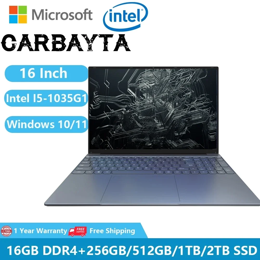 

CARBAYTA Intel Office Study Laptops Windows 11 Pro Notebook 16.1 " IPS Screen Intel Core I5-1035G1 16GB RAM 1TB SSD Ultrabook