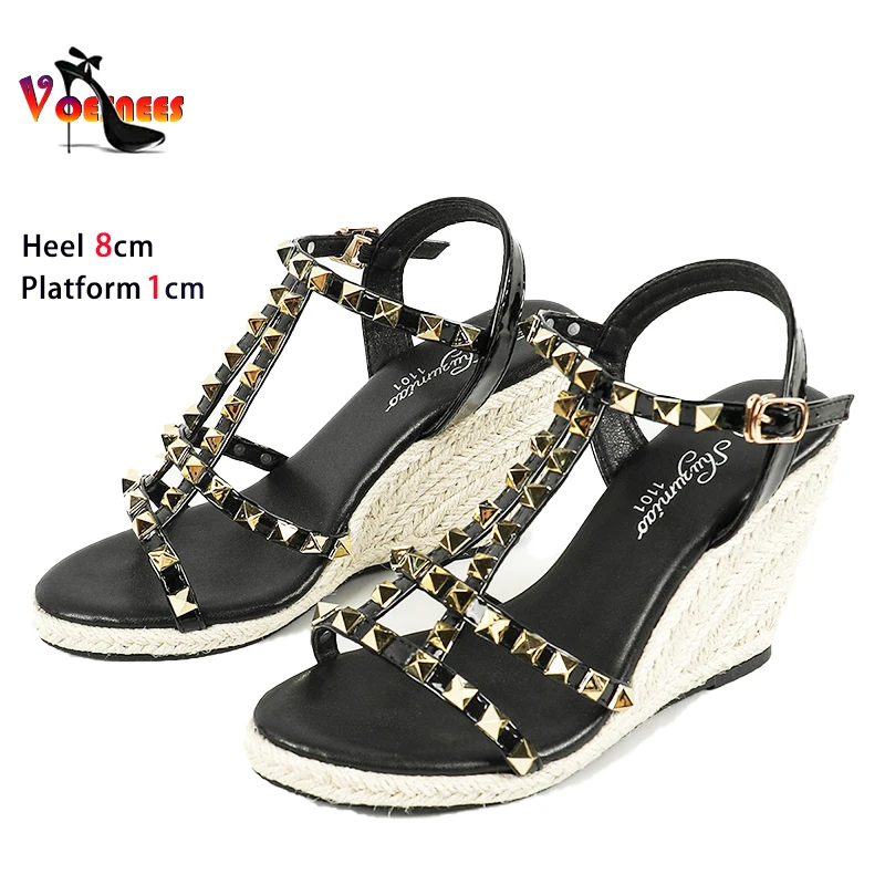 

Comfortable Wedges Female Sandals 8CM Women Ankle Buckle Summer High heels Rivet Narrowband Party Dress Fashion Lady Large Shoes