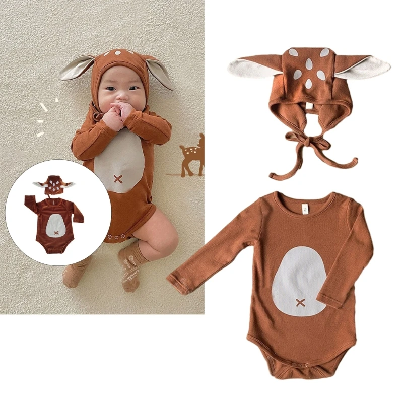 

Newborn Photo Props Deer Ear Bonnet Hat & Jumpsuit Baby Photography Clothes Dress Up Romper & Hat Reindeer Costume