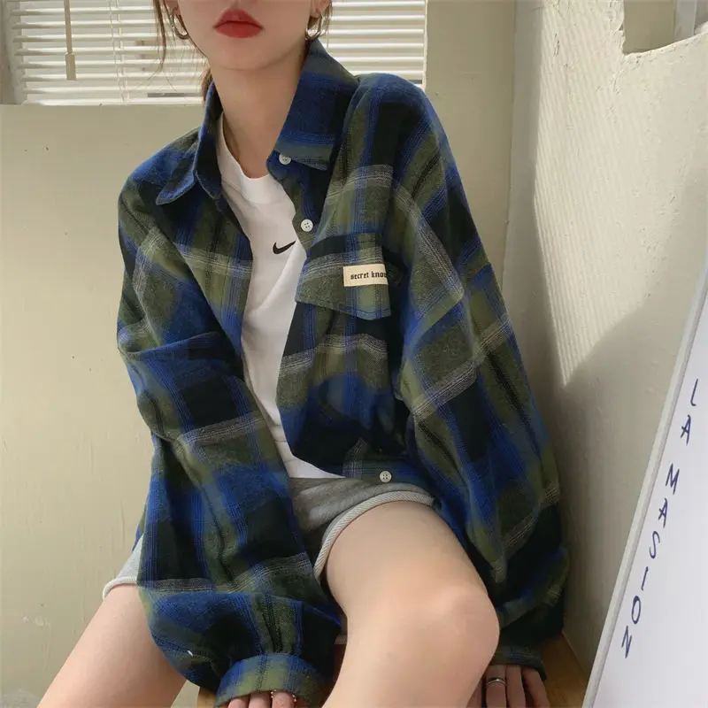 

HOUZHOU Harajuku Vintage Plaid Blouses Women Oversized Basic Korean Fashion Shirt Female Casual Long Sleeve Y2k Hippie Clothes