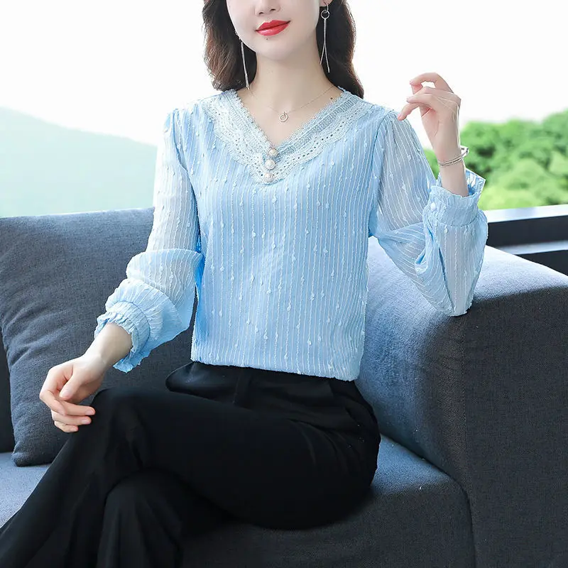 Autumn Elegant Fashion Aesthetic Chic Minimalist Office Lady Shirt Women V Neck Long Sleeve Solid Color Gauze Loose Casual Top